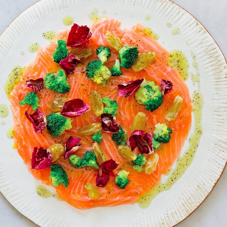 Salmon Carpaccio with Broccoli and Black Tea Citronette