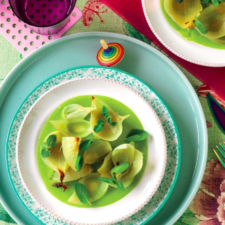 Baked Onions With Zucchini and Mint Sauce