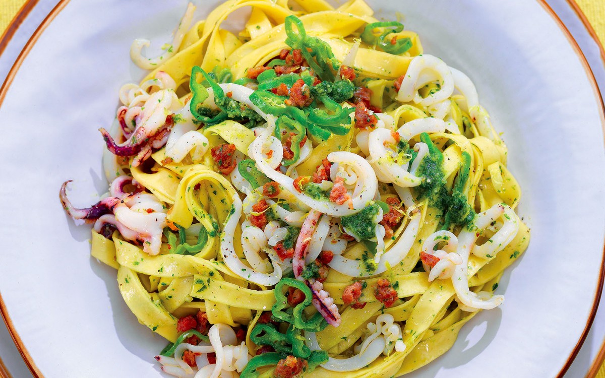 Tagliatelle With Squid, Sweet Chili Peppers, and Spicy Sausage-image