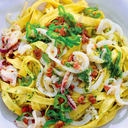 Tagliatelle With Squid, Sweet Chili Peppers, and Spicy Sausage