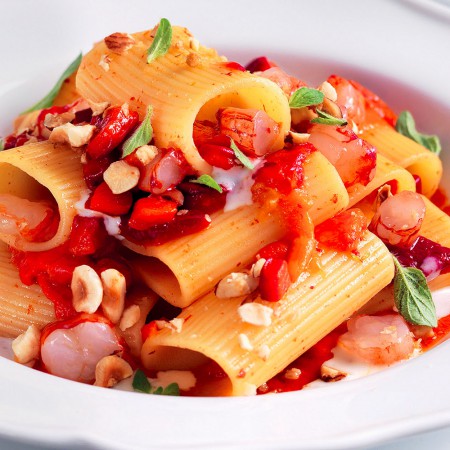 Rigatoni With Bell Peppers, Shrimp, and Hazelnuts