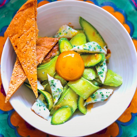 Marinated Egg Yolk, white Frittata and Zucchini with Sesame