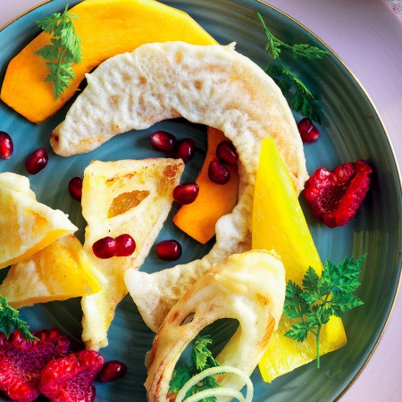 Batter-Fried Vegetables with Pomegranate Sauce