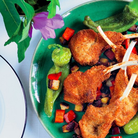 Breaded Lamb Short Ribs with Caponatina and Sweet Chili Peppers