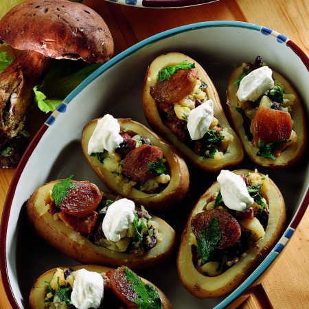 Potato Boats with Chanterelles and Chestnut Mushrooms