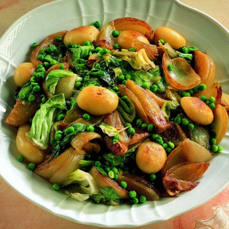 Stewed Onions, Peas, Potatoes and Lettuce