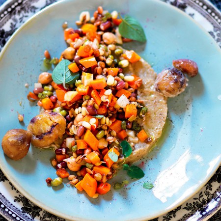 Sprouted Legume Salad with Fennel Cream and Chestnuts