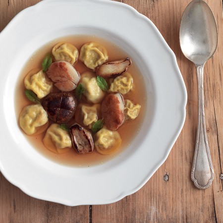 Mini Ravioli, Porcini Mushrooms, and Scallops in Broth