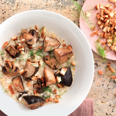 Mushroom and Wild Fennel Risotto with Croutons