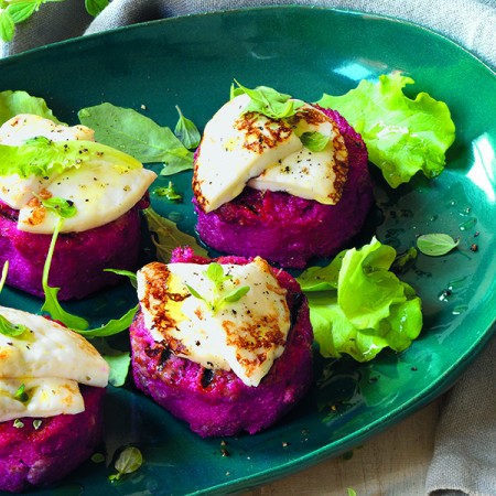 Violet Polenta with Sausage and Primo Sale Cheese