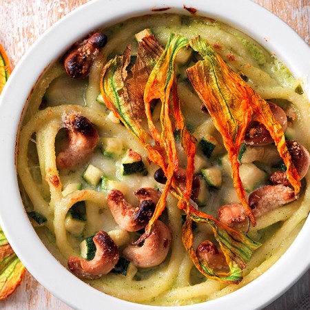 Bucatini Pie with Squash Blossoms and Cashews