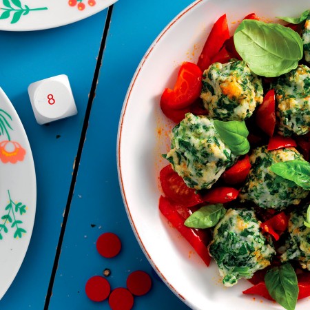 Spinach Gnudi With Cherry Tomatoes and Bell Pepper