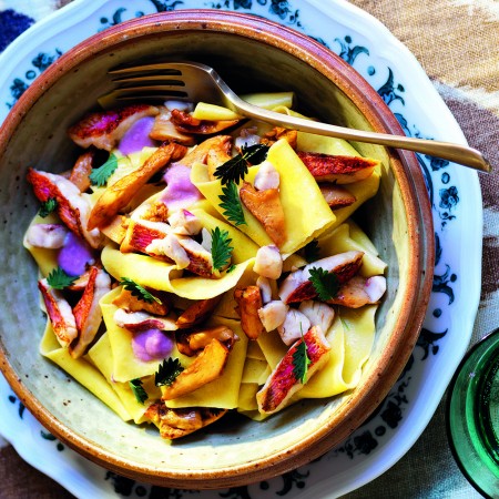Pappardelle with Onion Sauce, Chanterelles and Red Mullet