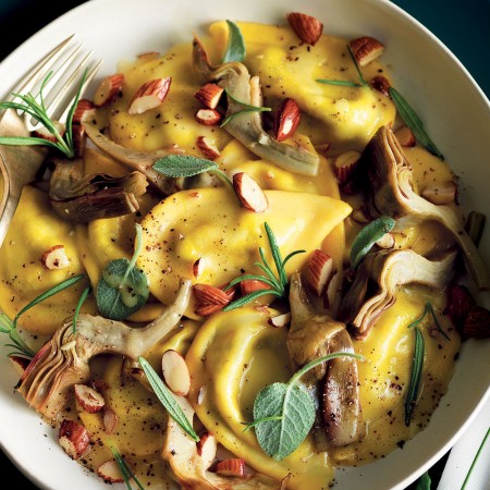 Ravioli with Arugula, Artichokes and Almonds