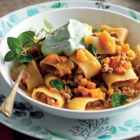 Pasta with Squash, Sausage and Lettuce Cream