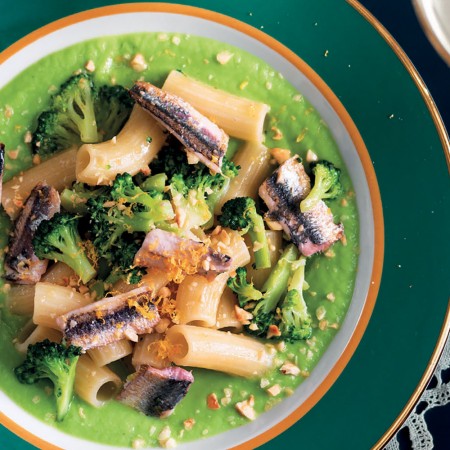 Pasta and Cream of Broccoli with Anchovies, Hazelnuts and Grapefruit