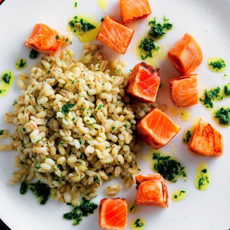 Barley with Herb Oil and Poached Salmon