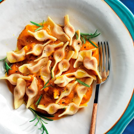 Caramelle with Mortadella and Pumpkin Velouté