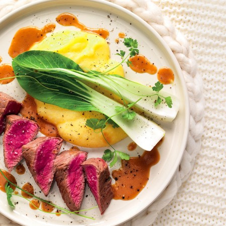 Seared Rump Roast with Polenta and Bok Choy