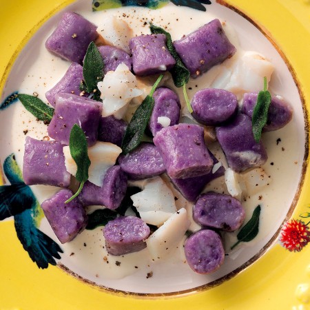 Purple Gnocchi, Cod and Parmigiano Sauce