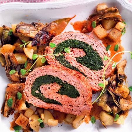 Stuffed Meatloaf with Potatoes and Artichokes