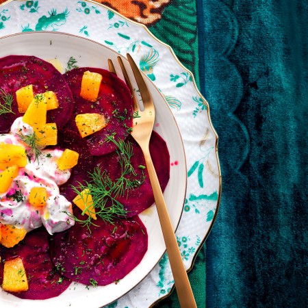 Carpaccio of beet, orange, and goat's cheese