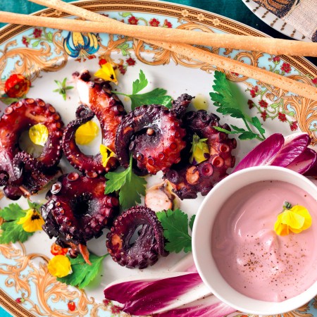 Octopus with red wine and seafood mayonnaise