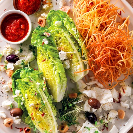 Salad With Feta, Sun-dried Tomato Pesto and Fried Tagliolini