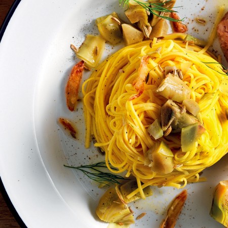 Tagliolini with Artichokes, Sausage and Crispy Shallots