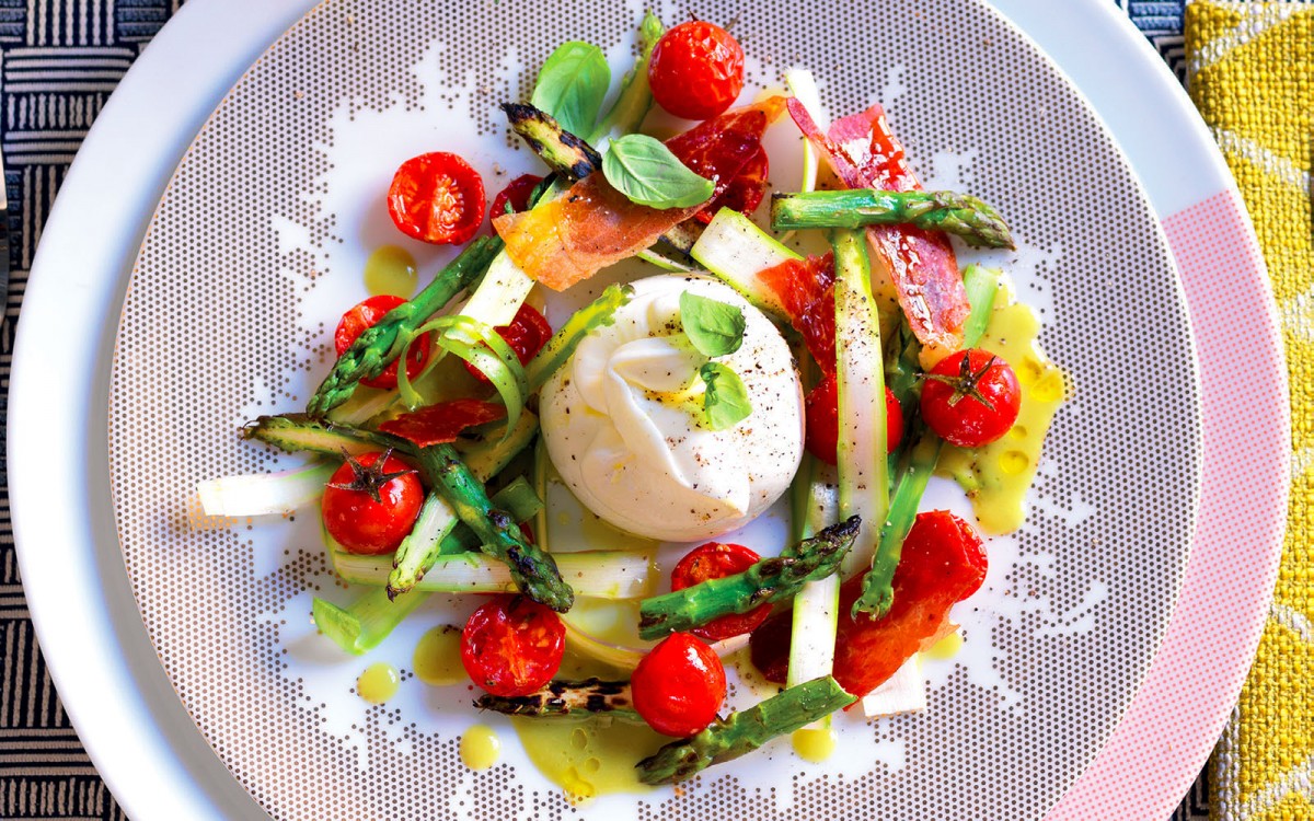 Burrata and Crispy Prosciutto With Asparagus and Cherry Tomatoes-image