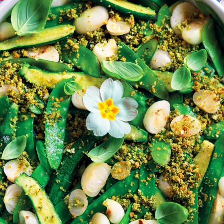 Zucchini, Snow Pea, and Spring Onion Casserole With Pistachio Crumble and Basil