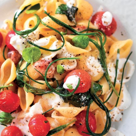 Shells With Agretti, Cherry Tomatoes and Stracciatella