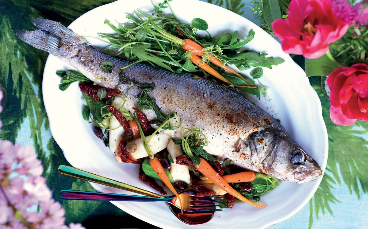 Baked Sea Bass, Asparagus, Zucchini and Carrots-image