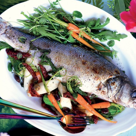 Baked Sea Bass, Asparagus, Zucchini and Carrots