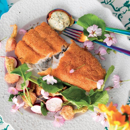 Fried Atlantic Cod and Radishes With Green Chili-Caper Mayonnaise