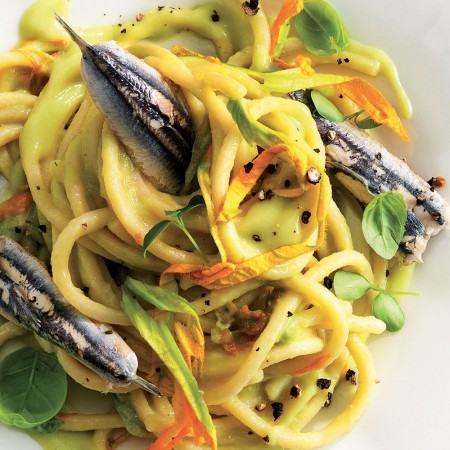 Spaghetti alla Chitarra With Trombetta Zucchini Sauce and Anchovies