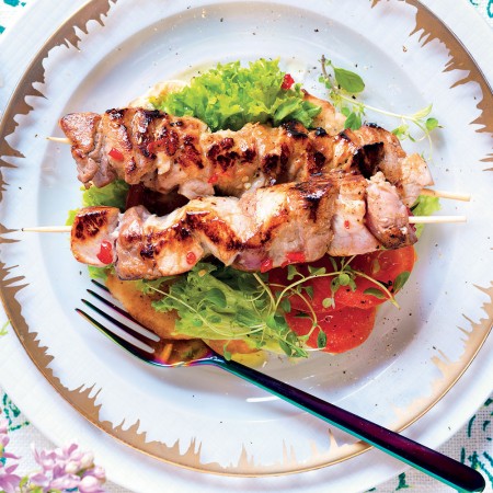 Honey-glazed pork skewers