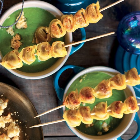 Tortellini Skewers With Pea Sauce