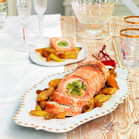 Roasted Salmon and Codfish Stuffed with Red Shrimp