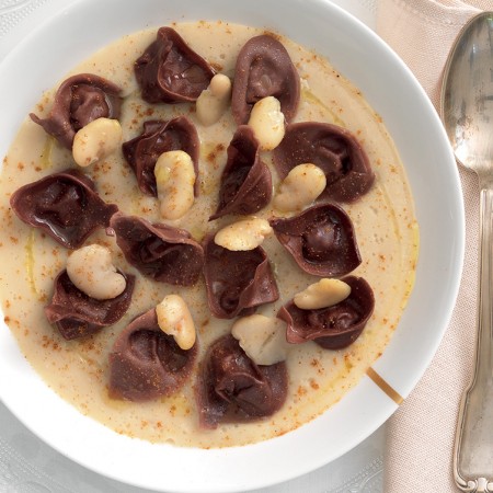 Cocoa Cappelletti with Fava Bean Puree