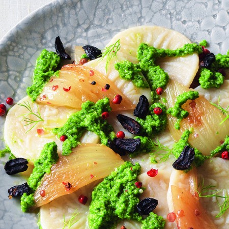 Corzetti with Mache Lettuce Pesto, Fennel, and Pink Peppercorns