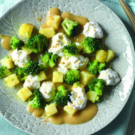 Curried Broccoli and Potato Stew with Burrata Cheese