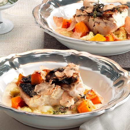 Sturgeon, Squash and Crispy Savoy Cabbage