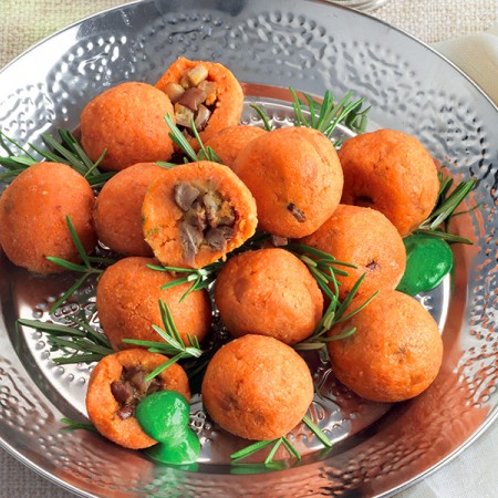 Sweet Potato and Mushroom “Meatballs” with Swiss Chard Sauce