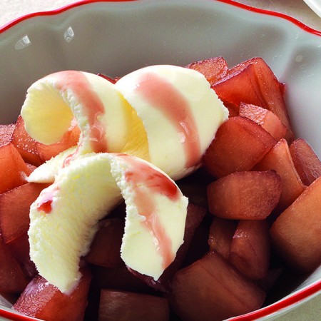 Red Wine Pears with Ice Cream