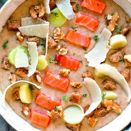 Black Bread and Leek Soup with Smoked Salmon