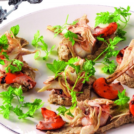 Grilled Scallops with Artichoke Mint Puree