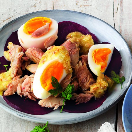 Beet, Boiled Egg and Mackerel Appetizer