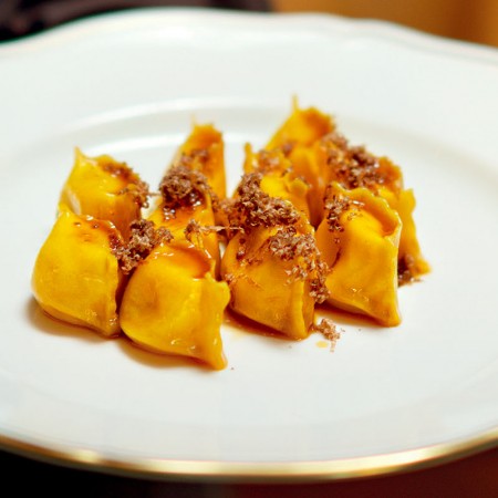 Potato Ravioli with Roast Meat Sauce and White Truffles