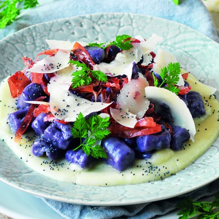 Purple Potato Gnocchi with Jerusalem Artichoke Cream and Prosciutto Crudo
